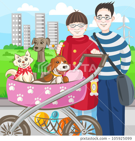Asian couple with 3 dogs in stroller walking in the park - vector illustration 105925099
