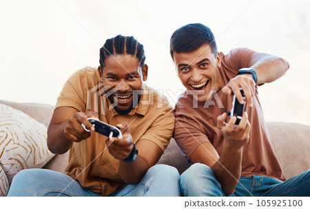 Men on couch with video games, excited fun and relax in home living room together on internet with controller. Online gaming, esports and happy gamer friends on sofa playing virtual app in apartment. 105925100