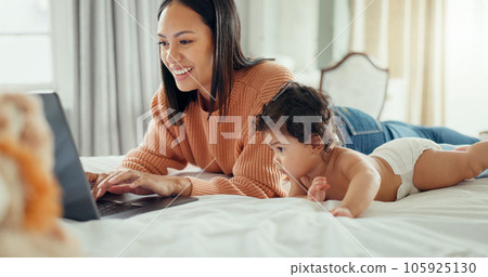 Laptop, love and mother with baby in a bed for bonding, relax and playing in their home. Family, social media and female mom influencer with newborn in a bedroom and content creation for online blog Laptop, love and mother with baby in a bed for bonding, relax and playing in their home. Family, social media and female mom influencer with newborn in a bedroom and content creation for online blog 105925130