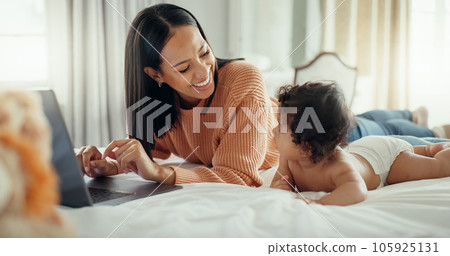 Love, laptop and mother with baby in a bed for bonding, relax and playing in their home. Family, social media and female mom influencer with newborn in a bedroom and content creation for online blog Love, laptop and mother with baby in a bed for bonding, relax and playing in their home. Family, social media and female mom influencer with newborn in a bedroom and content creation for online blog 105925131
