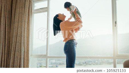 Love, happy and mother with baby in bedroom for playful, relax and free time. Happiness, smile and health with woman and newborn infant in family home apartment for support, excited and youth Love, happy and mother with baby in bedroom for playful, relax and free time. Happiness, smile and health with woman and newborn infant in family home apartment for support, excited and youth 105925133