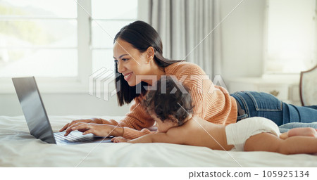 Love, laptop and mother with baby in a bed for bonding, relax and playing in their home. Family, social media and female mom influencer with newborn in a bedroom and content creation for online blog Love, laptop and mother with baby in a bed for bonding, relax and playing in their home. Family, social media and female mom influencer with newborn in a bedroom and content creation for online blog 105925134