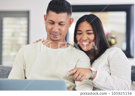 Streaming, movie and couple with laptop and choice in home, living room or together watching tv, film or video on social media. Happy, people and relax on computer with online movies or comedy show Streaming, movie and couple with laptop and choice in home, living room or together watching tv, film or video on social media. Happy, people and relax on computer with online movies or comedy show 105925156