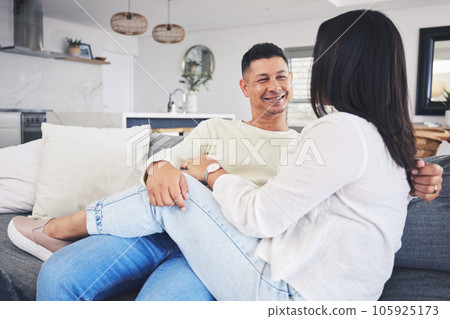 Conversation, relax and couple on a sofa in the living room talking and bonding together at home. Happy, love and husband speaking and resting with his wife in the lounge of their modern house. Conversation, relax and couple on a sofa in the living room talking and bonding together at home. Happy, love and husband speaking and resting with his wife in the lounge of their modern house. 105925173