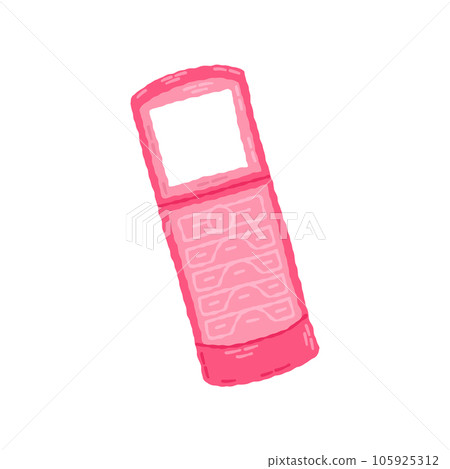 Old pink clamshell style flip phone cellphone 00s, 2000s. Hand drawn flat cartoon element. Vector illustration Old pink clamshell style flip phone cellphone 00s, 2000s. Hand drawn flat cartoon element. Vector illustration 105925312