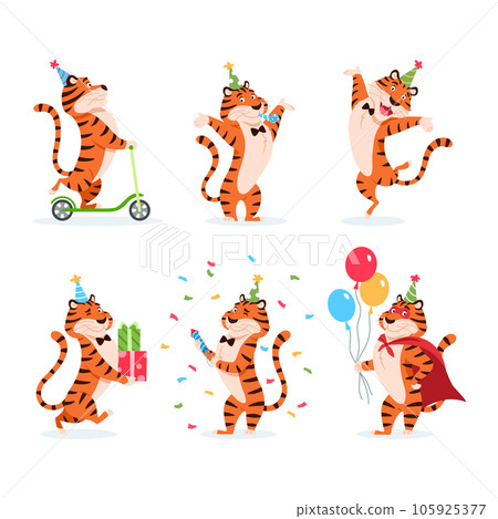 Cartoon tigers set on white background. Animal characters in Birthday hats. Cute adorable flat wild cats. Smiling orange striped feline with balloon, kick scooter superhero present illustration 105925377
