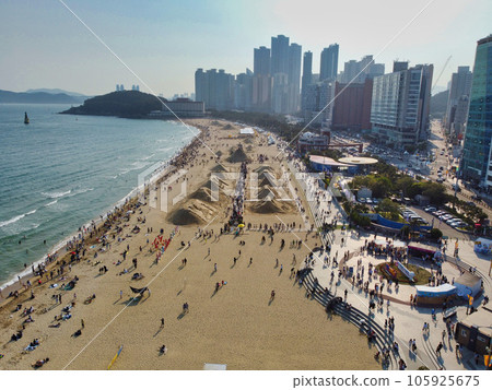 Aerial View of Haeundae Beach Sand Festival, Busan, South Korea, Asia. Aerial View of Haeundae Beach Sand Festival, Busan, South Korea, Asia. 105925675