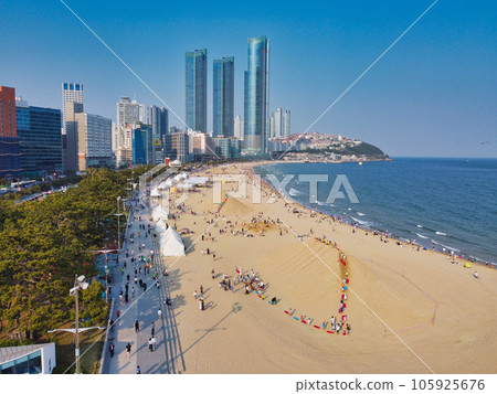 Aerial View of Haeundae Beach Sand Festival, Busan, South Korea, Asia. Aerial View of Haeundae Beach Sand Festival, Busan, South Korea, Asia. 105925676