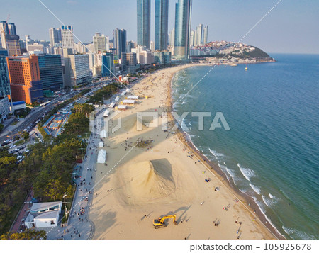 Aerial View of Haeundae Beach Sand Festival, Busan, South Korea, Asia. Aerial View of Haeundae Beach Sand Festival, Busan, South Korea, Asia. 105925678