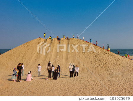 Aerial View of Haeundae Beach Sand Festival, Busan, South Korea, Asia. Aerial View of Haeundae Beach Sand Festival, Busan, South Korea, Asia. 105925679