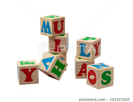 Children's wooden cubes with blue, red and green letters in the shape of a tower stand one on top of the other and lie side by side. No background. High quality photo. Children's wooden cubes with blue, red and green letters in the shape of a tower stand one on top of the other and lie side by side. No background. High quality photo. 105925885