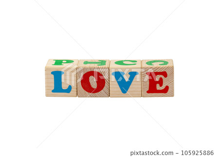 Children's wooden cubes with blue, red and green letters with the word love lying side by side. No background. High quality photo. 105925886