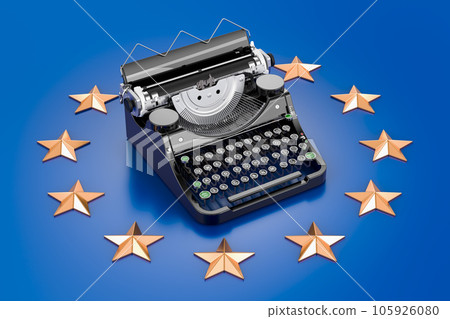 Typewriter on the European Union flag. 3D rendering Typewriter on the European Union flag. 3D rendering 105926080