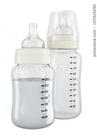 Empty and full baby bottles, 3D rendering Empty and full baby bottles, 3D rendering 105926098