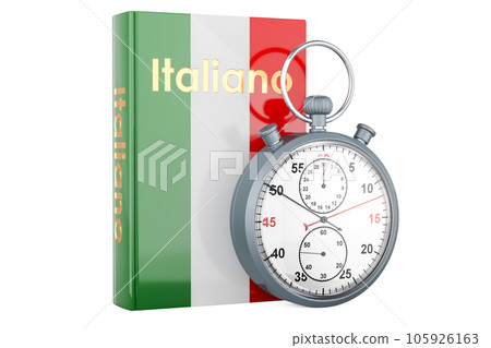 Italian language textbook with stopwatch. Accelerated courses of Italian language, 3D rendering 105926163