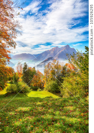 Breathtaking autumn view on suburb of Stansstad city  and Lucerne lake with mountaines and fog. 105926295