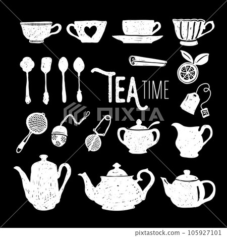 Monochrome tea time doodle elements on black background design 105927101