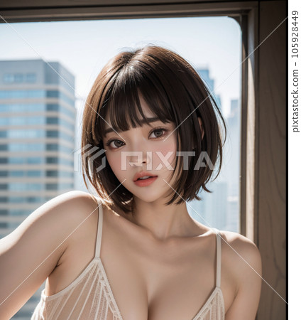 A young woman wearing a white camisole standing by the window A young woman wearing a white camisole standing by the window 105928449