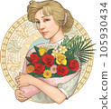 A woman holding a bouquet, Art Nouveau style (summary hair, with background) 105930434