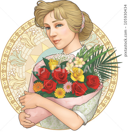 A woman holding a bouquet, Art Nouveau style (summary hair, with background) A woman holding a bouquet, Art Nouveau style (summary hair, with background) 105930434