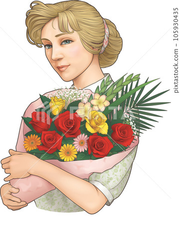 A woman holding a bouquet, Art Nouveau style (collective hair) A woman holding a bouquet, Art Nouveau style (collective hair) 105930435