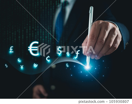 Global currency exchange and exchange concept. Businessman tapping pen at realistic effects and dollar, yuan, yen, euro and pound sterling symbols with copy space. Global currency exchange and exchange concept. Businessman tapping pen at realistic effects and dollar, yuan, yen, euro and pound sterling symbols with copy space. 105930807