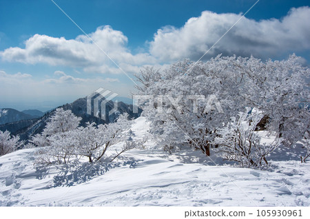 【雪山絕景】禦在所山、釜岳的樹木被雪覆蓋 【雪山絕景】禦在所山、釜岳的樹木被雪覆蓋 105930961