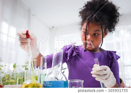 Lovely school girl excited to do a science experiment in science laboratory classroom. Hispanic - black ethnic girl dropping a liquid sampling into the experimental tube. 105931735