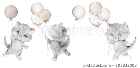 Set with little fluffy gray kitten and balloon. Watercolor hand drawn. Scottish fold isolated on white background. Spotted cat. Pet cartoon for kids, posters, stickers, textile. 105932008