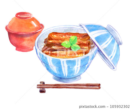 Eel bowl set, watercolor illustration, set meal menu 105932302
