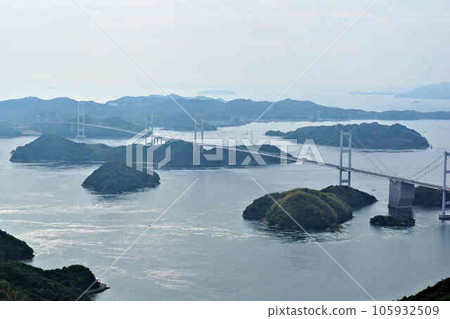 View of Kurushima Kaikyo Bridge from Ehime Kirosan Observation Park 105932509