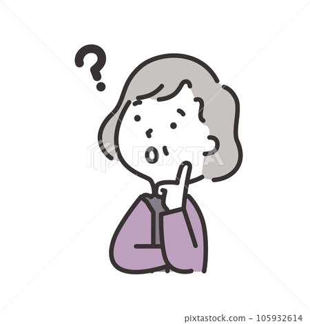 Illustration of an elderly woman with a questioning face looking up diagonally 105932614