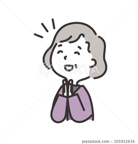 Illustration of an elderly woman who is happy to look up diagonally and put her hands together 105932616