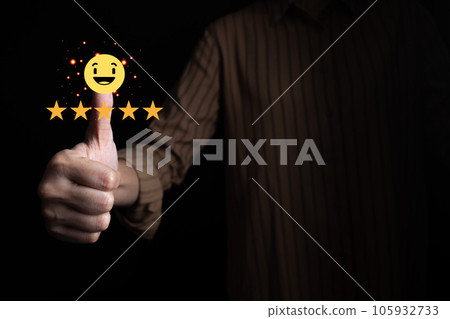 Satisfied customer experience concept, happy business customer using smartphone, the best review, High quality service, Most rated, the highest score, 5 stars, Social media very good. 105932733