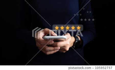 Satisfied customer experience concept, happy business customer using smartphone, the best review, High quality service, Most rated, the highest score, 5 stars, Social media very good. 105932737