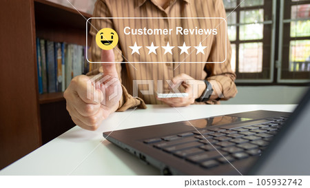 Satisfied customer experience concept, happy business customer using smartphone, the best review, High quality service, Most rated, the highest score, 5 stars, Social media very good. Satisfied customer experience concept, happy business customer using smartphone, the best review, High quality service, Most rated, the highest score, 5 stars, Social media very good. 105932742