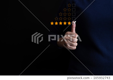 Satisfied customer experience concept, happy business customer using smartphone, the best review, High quality service, Most rated, the highest score, 5 stars, Social media very good. 105932743