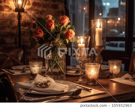 Romantic dinner setting with flowers and silverware, candle and red rose on table. Generative AI 105932963