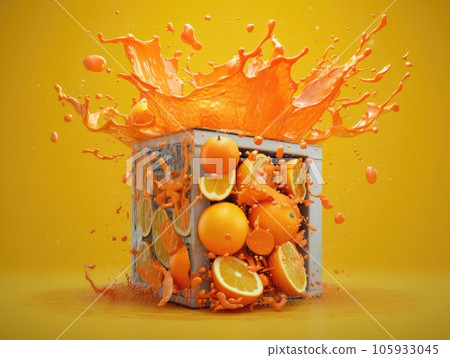 Orange juice box splashing orange juice with orange. Generative AI Orange juice box splashing orange juice with orange. Generative AI 105933045