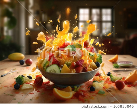 Vegetable salad and fruit on kitchen table. Generative AI Vegetable salad and fruit on kitchen table. Generative AI 105933046