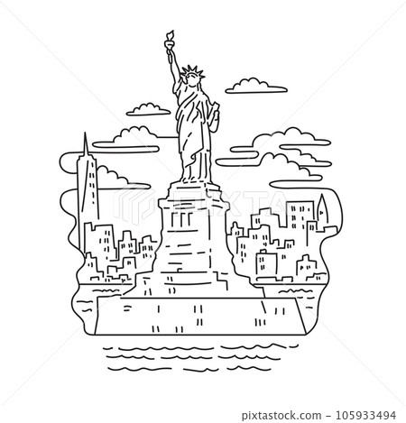 Statue of Liberty with New York City Skyline USA Mono Line Art 105933494