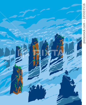 Wulingyuan Scenic Area Sandstone Pillars in Hunan Province China WPA Art Deco Poster 105933516