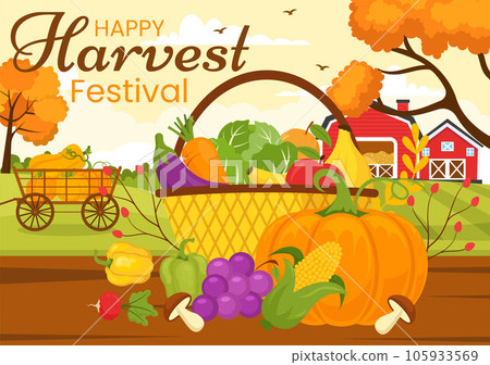 Happy Harvest Festival Vector Illustration of Autumn Season Background with Pumpkins, Maple Leaves, Fruits or Vegetables in Flat Cartoon Templates Happy Harvest Festival Vector Illustration of Autumn Season Background with Pumpkins, Maple Leaves, Fruits or Vegetables in Flat Cartoon Templates 105933569