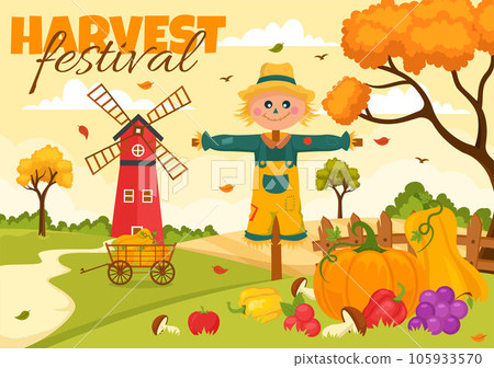 Happy Harvest Festival Vector Illustration of Autumn Season Background with Pumpkins, Maple Leaves, Fruits or Vegetables in Flat Cartoon Templates 105933570