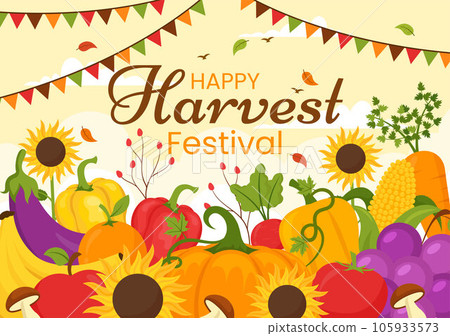 Happy Harvest Festival Vector Illustration of Autumn Season Background with Pumpkins, Maple Leaves, Fruits or Vegetables in Flat Cartoon Templates 105933573
