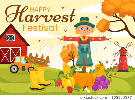 Happy Harvest Festival Vector Illustration of Autumn Season Background with Pumpkins, Maple Leaves, Fruits or Vegetables in Flat Cartoon Templates 105933577