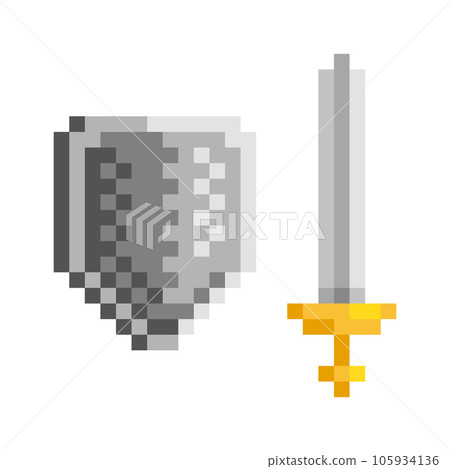 Medieval sword and shield pixel art. Cartoon vector illustration. Medieval sword and shield pixel art. Cartoon vector illustration. 105934136