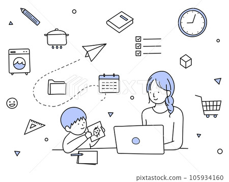 Hand drawn line art | Mother working remotely while taking care of her child Hand drawn line art | Mother working remotely while taking care of her child 105934160