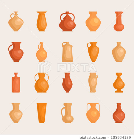 Pottery set. Vector collection with simple 3D effect. Retro and vintage ceramic jugs 105934189