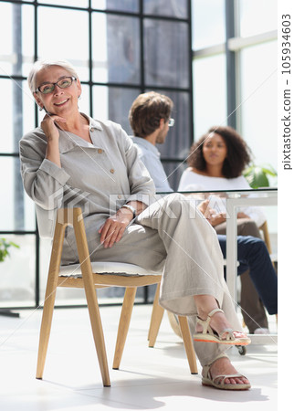 mature woman sitting with laptop looking at camera mature woman sitting with laptop looking at camera 105934603